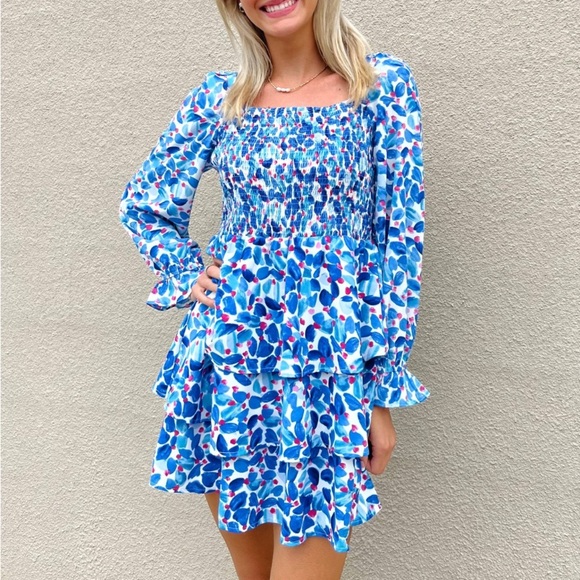 JODIFL Dresses & Skirts - 🩶 JODIFL Blue/Pink Mix Print Smocked Tier Dress Size Large